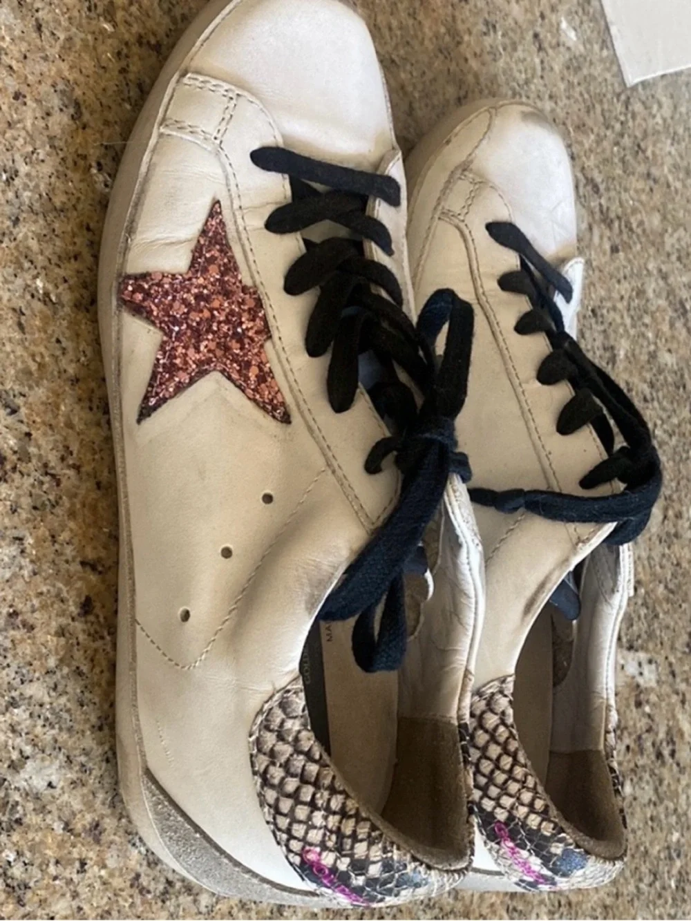 Golden Goose White Sneakers with Pink Glitter Star and Snake-Print Heel - Picture 2 of 5